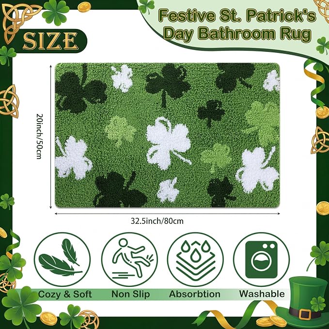 Capoda St. Patrick's Day Bathroom Rug 20 x 30 Inch Green White Shamrock Door Mat Non-Slip Washable Soft Irish Clover Welcome Floor Mat for Indoor Outdoor Home Kitchen Bathroom Decor(1 Pcs, Shamrock)