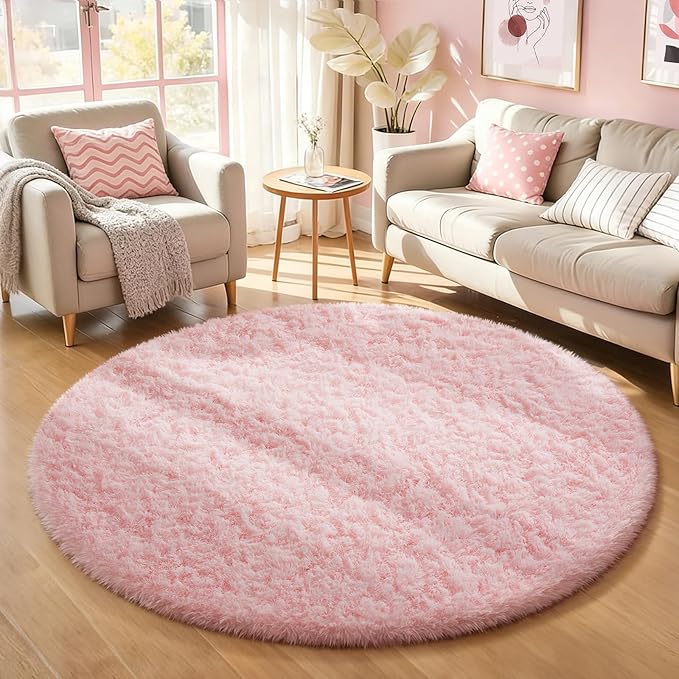 Ophanie Round Rugs 5Ft Pink Circle Area Rug, Fluffy Fuzzy Bedroom Carpet, Plush Soft Shaggy Indoor Floor Kawaii Living Room Rugs for Kids, Cute Room Decor for Teen Girls Home Decor Aesthetic, Nursery