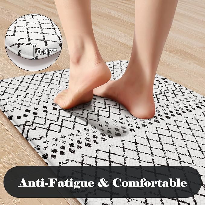 KIMODE Anti Fatigue Kitchen Mat for Floor, 20"x71" Farmhouse Kitchen Rug, Non Slip Waterproof Kitchen Floor Mat, Cushioned Standing Mat for Front of Sink Laundry Desk Bedroom Black and White