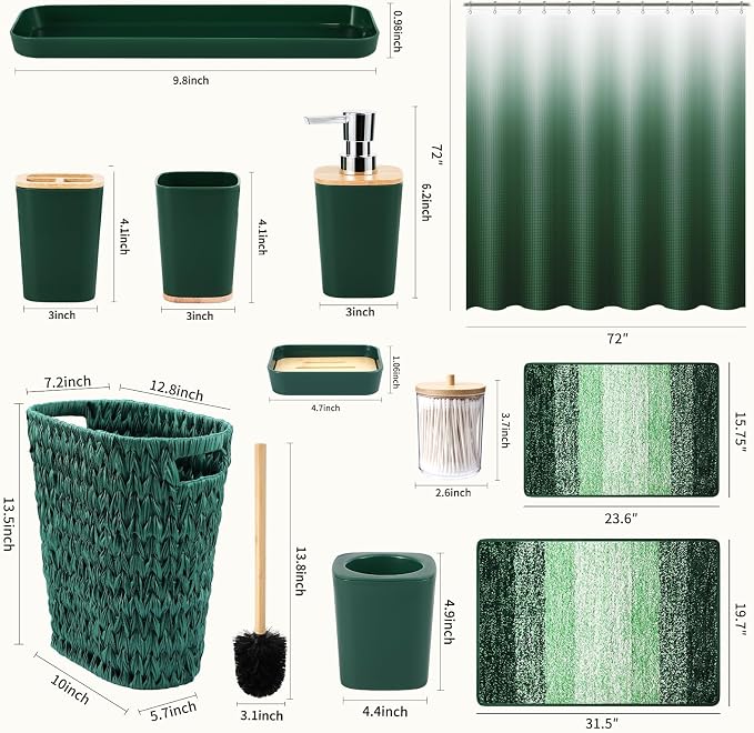 XLHOMO Dark Green Bathroom Accessories Set with Wicker Trash Can Shower Curtain and Rugs,Bathroom Sets Small Waste Basket Bathroom Trash Can for Bedroom Bathroom