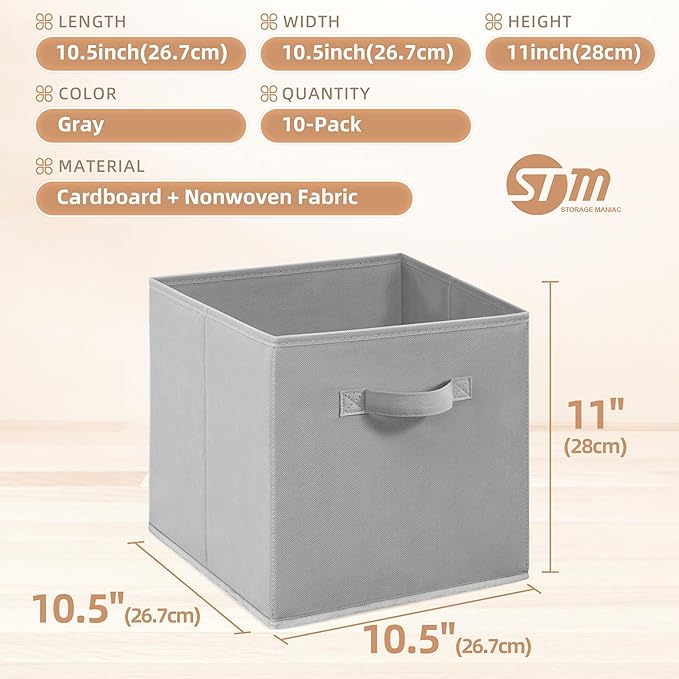 STORAGE MANIAC Storage Cubes, 11 Inch Collapsible Storage Bins with Handles, 10 Pack Fabric Foldable Bins for Organization, Durable Storage Bins for Closet, Shelves, Offices, 10-Pack Grey
