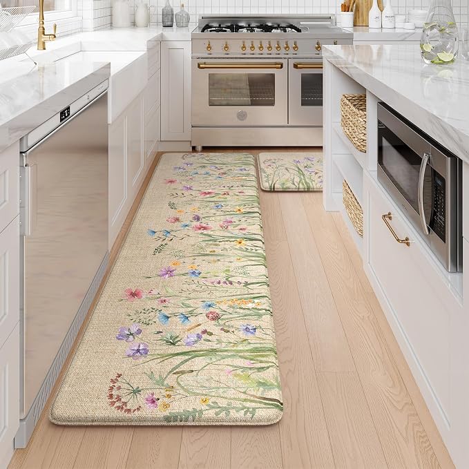 KIMODE Anti Fatigue Mats for Kitchen Floor 17"x59"+17"x29", Farmhouse Floral Kitchen Rugs, Cushioned Memory Foam Kitchen Mats, Comfort Standing Mat for Laundry, Office, Sink, Desk Brown