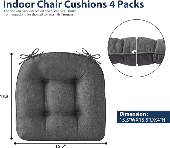 IASEAHK Chair Cushions for Dining Chairs, Seat Cushions for Kitchen Chairs, Indoor Seat Cushions with Ties, Tufted Foam Chair Pads, Non Slip Chair Cushions Set of 4, 15.5" x 15.5" x 4", Dark Grey