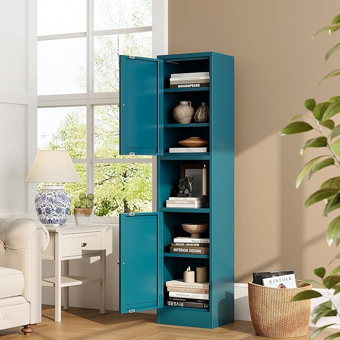Bevivog Metal Kitchen Pantry Cabinet for Small Space, 67" Tall Storage Cabinets with 2 Doors and Adjustable Shelves, Freestanding Narrow Bathroom Cabinet, 15.7" W Slim Pantry