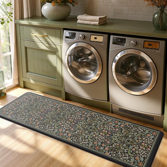 Collive Kitchen Mats for Floor, Cushioned Anti Fatigue Mat Black Floral Rugs Non Skid Waterproof Sink Rug, Memory Foam Comfort Standing Mat for Office, Laundry, Desk, 24''x71''