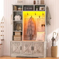 CSZZD Hall Tree with Bench and Shoe Storage, Farmhouse Entryway Bench with Coat Racks and Led Lights, Tall Hall Tree with 7 Coat Hooks, 6 Storage Cubbies, Adjustable Shelf, Gray