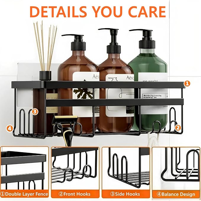 Self Adhesive Shower Caddy, 2-Pack No Drilling Rustproof Bathroom Organizers and Storage with Save Space Hooks, Apartment Essentials for Bathroom, Kitchen & Living Room