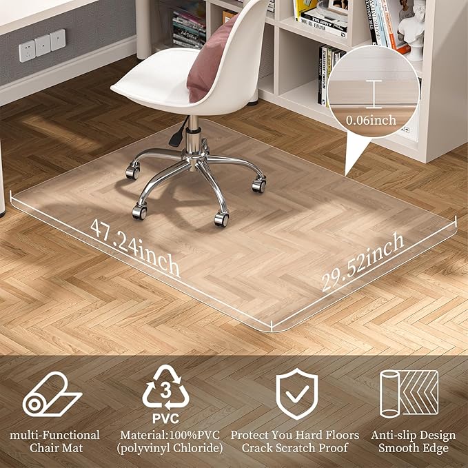 Tonaus Office Chair Mat 30"×48", Chair Mat for Hardwood Floor Transparent Clear PVC Floor Protector for Home Office Study Wooden Floors
