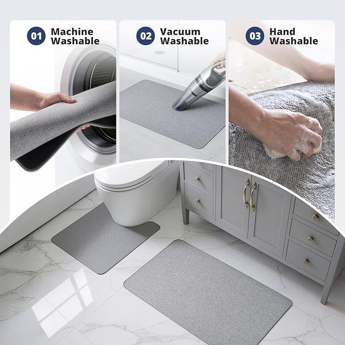 Bathroom Rugs Sets 2 Piece, Thin Bath Mat & U-Shaped Contour Toilet Rug Absorbent Quick Dry, Machine Washable, Non Slip Low Pile Bath Mats for Bathroom/Tub/Sink/Shower (30"x20" Plus 24"x20" U, Grey)