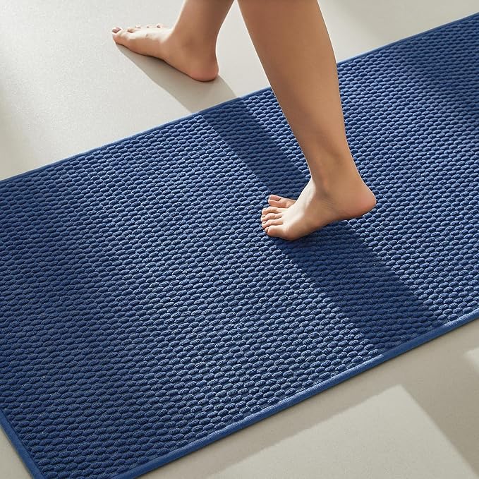 TYUU Bathroom Rugs Non Slip Washable, Super Absorbent Thin Bath Mat Quick Dry Low Pile Bathroom Rug, Navy Blue 20"x48"