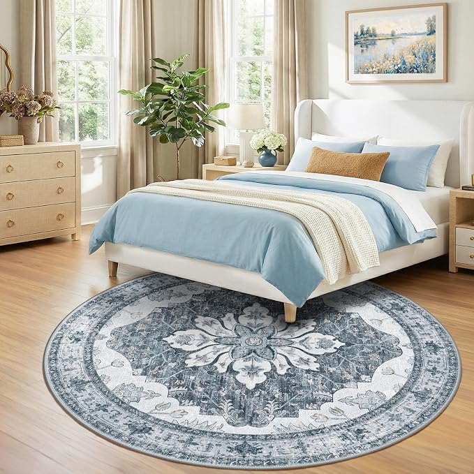 RELEANY Area Rugs Round 8ft Washable Non-Slip, Floral Vintage Distress Medallion Carpet for Living Room Bedroom Dining Room, Light Gray Grey White