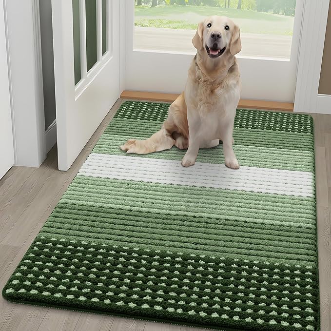 Kitinjoy Indoor Outdoor Door Mat, 48x30 Non-Slip Absorbent Dirt Trapper, Low-Profile Washable Inside Entrance Front Floor Mat, Sturdy Soft Entry Dotted Ombre Doormats for Entryway, Green