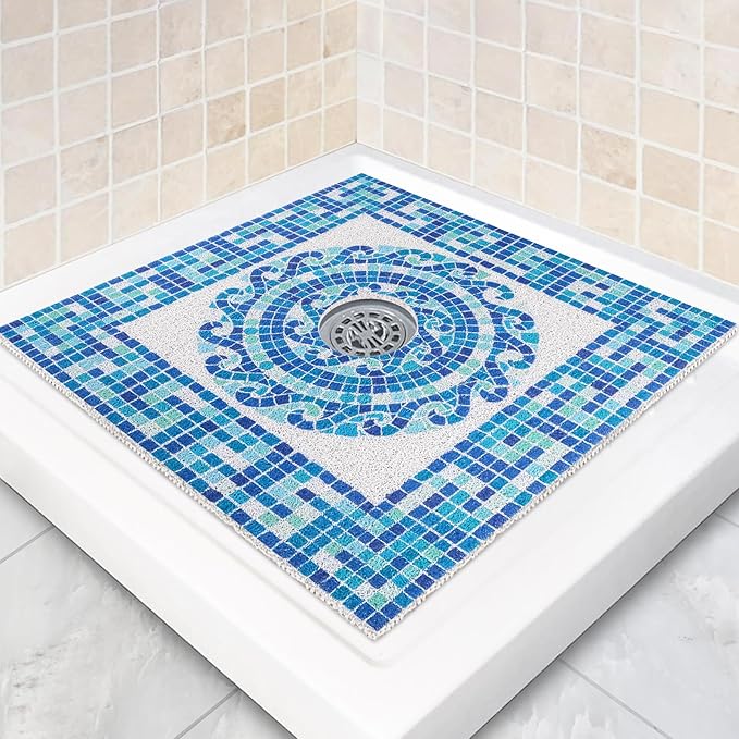 Square Shower Mat Non Slip: 32 x 32 Inch Extra Large Shower Mats with Drain Hole in Middle - PVC Loofah Anti Slip Shower Floor Matt for Inside Shower