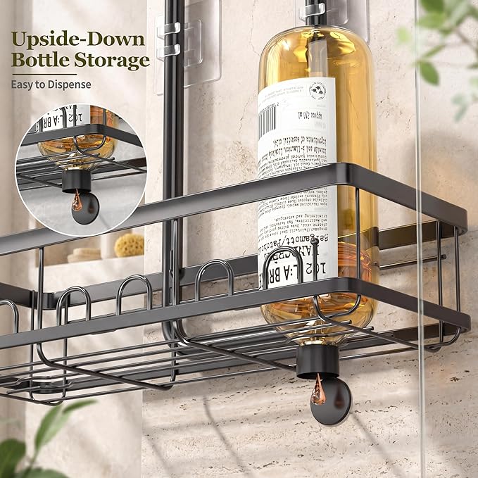 Skyapex Shower Caddy Hanging Over Shower Head, Adjustable Black Bathroom Organizer for Inside Shower, Rust-Resistant Stainless Steel Caddy with 2 Baskets, Hooks & Soap Dish for Tall Bottles
