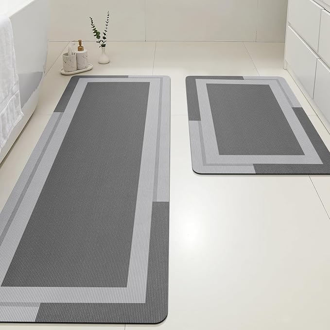 ACCUMTEK Non Slip Bath Mat, Thin Bathroom Rugs Fit Under Door, Quick Dry Bath Mats, Machine Washable Bath Rugs for Bathroom, Bathtub & Kitchen, Bathtub, Grey/Bordered/24 x17+48"x20"