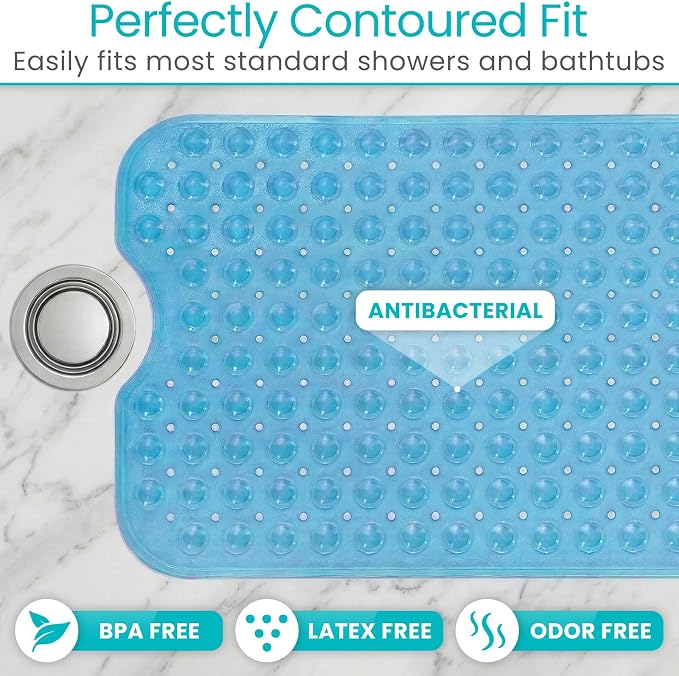 Vive Bathtub Mat for Bath & Shower Floors - Anti Non Slip Suction Rubber Skid Pad for Tub, Bathroom, Elderly, Kids - Eco-Friendly, Resistant Strong, Textured Rectangle Grip - Machine Washable (Blue)