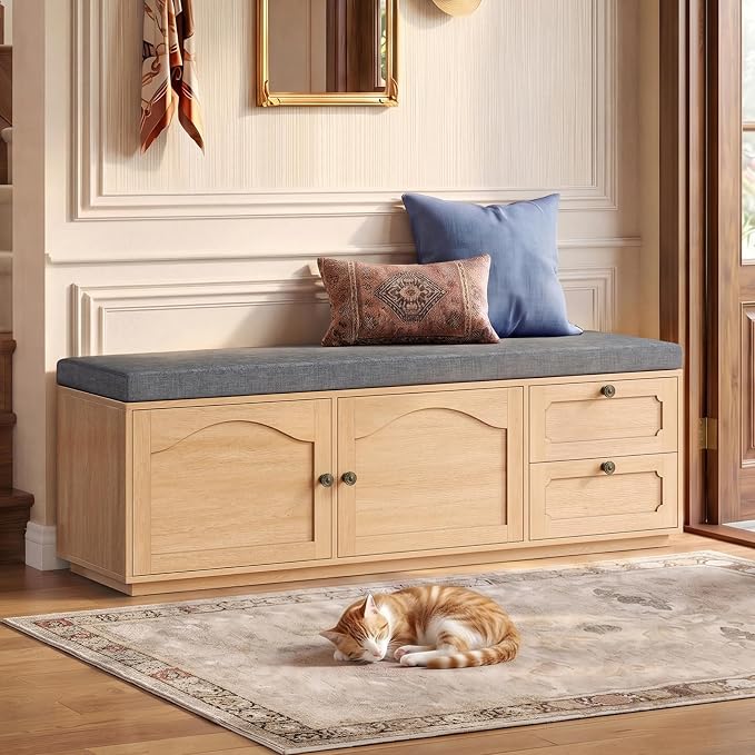 59" Storage Bench with Drawer, 2-Tier Shoe Bench with Doors, Long Entryway Bench, Thickened Cushion, Adjustable Shelf, Recessed Design for Entryway, Bedroom, Living Room, Natural