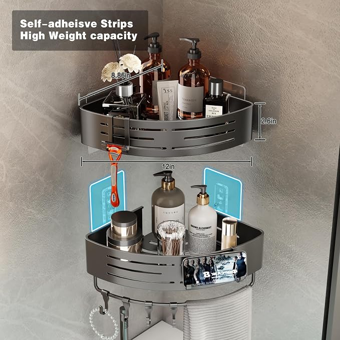 Voldra 2 Pack Corner Shower Shelves, Aluminum Stick On Showers Organizer, Modern Style, Triangular Corner Shelf, No Drilling Required