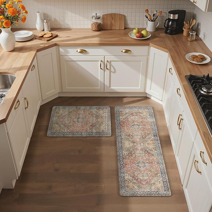 GENIMO Kitchen Mats for Floor, 2PCS Kitchen Rugs Non Slip Washable, Waterproof Anti Fatigue Mat, Comfort Standing Runner Rug for Sink, Office, Laundry, Home, 17.3"x47"+17.3"x30", RetroBrick