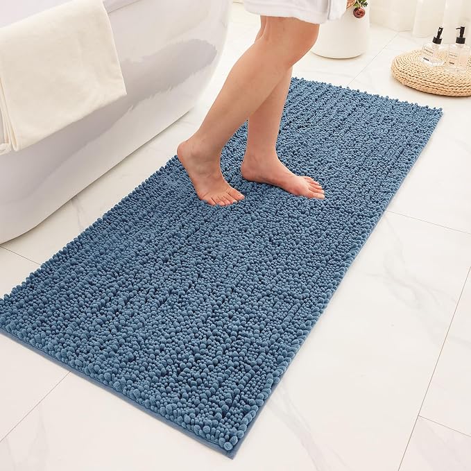Bathroom Rugs Non Slip Washable 44x24, Extra Thick Soft Chenille Absorbent Bath Mat, High Density Barrier Non Slip Backing, Quick Dry Plush Shaggy Floor Carpet for Tub&Shower, Blue