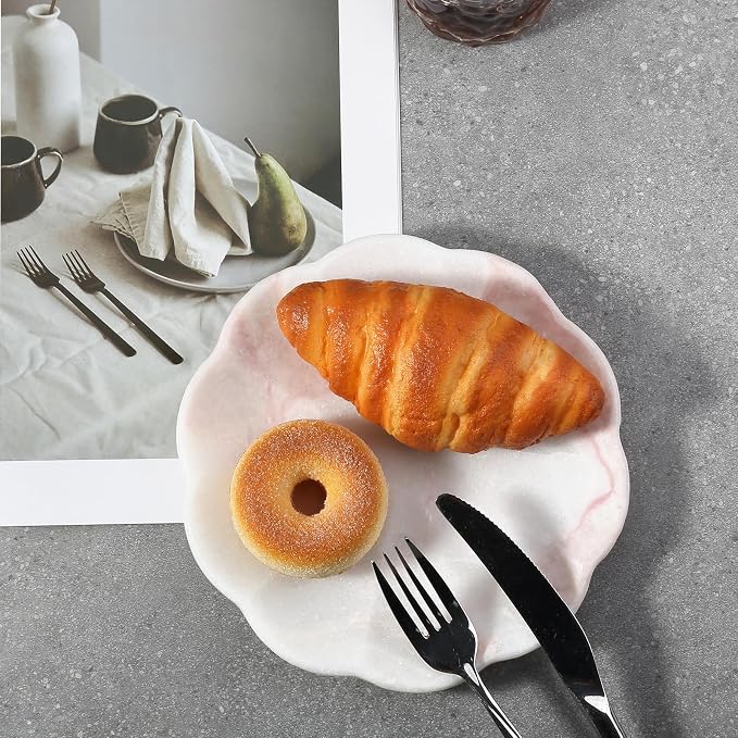 Koville Marble Tray, 8" Round Marble Vanity Tray for Jewelry Trinket Perfume, Natural Stone Tray for Bathroom Kitchen Dresser Countertop, Scalloped Decorative Tray for Home Table Decor(Namibia Rose)