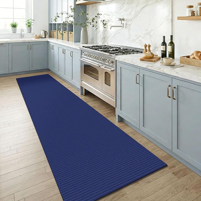 KOZYFLY Cotton Runners for Hallway 2.5'x8', Washable Runner Rug, Woven Non Slip Kitchen Runner, Braided Entryway Rug, Floor Carpet for Foyer, Bedroom, Hall, Royal Blue/Navy