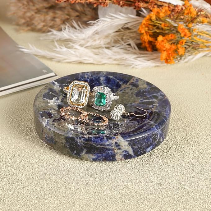 Koville Marble Jewelry Dish, Small Round Trinket Dish for Ring Necklace Earring, 4" Decorative Dish, Natural Stone Soap Dish for Bathroom Kitchen