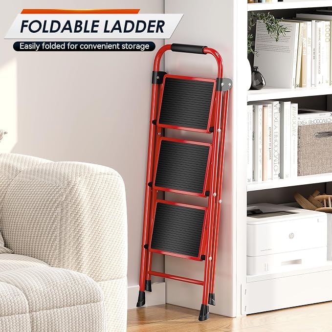 Urackify Step Ladder, 3 Step Ladder with Anti-Slip and Wide Pedal, Portable Foldable Step Stool with Handgrip, Sturdy Step Ladder for Home Kitchen Household, Red
