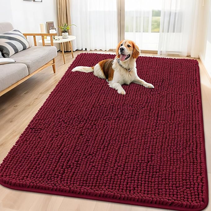 Smiry Dog Door Mat for Muddy Paws 70x35, Absorbent Dirt Trapper, Non-Slip Washable Chenille Entryway Rug for Inside Floor, Burgundy, Classic Solid