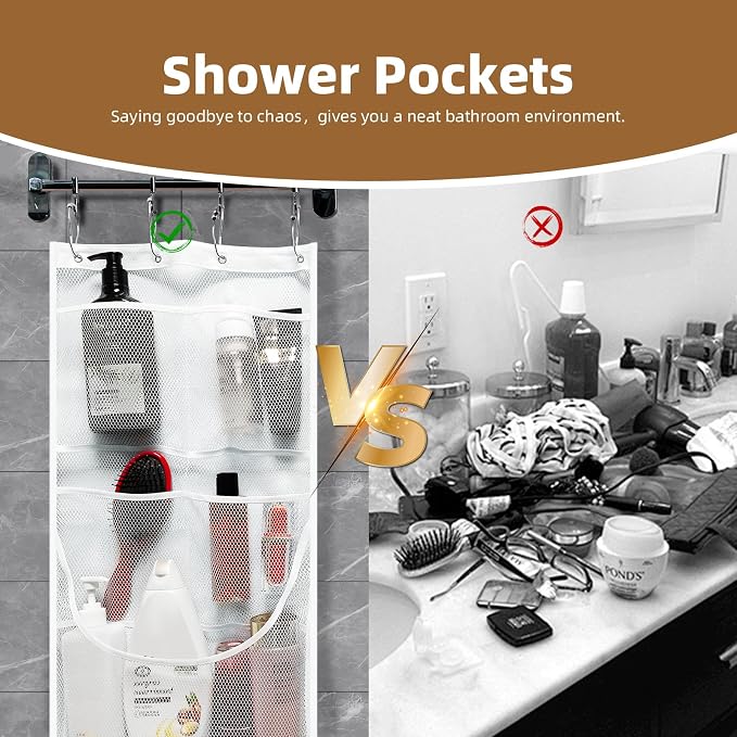 Mesh Shower Caddy Hanging,Hanging Mesh Pockets Shower Curtain Liner Pockets Hanging with Pockets Quick Dry Cruise RV Camper Bathroom Organizer with Shower Curtain Hooks