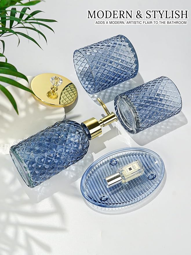 Haturi Blue Bathroom Accessories Set, 4Pcs Glass Bathroom Accessory Set Complete w/Lotion Soap Dispenser, Toothbrush Holder, Qtip Holder, Soap Dish, Blue Bathroom Decor Sets, Gift for Home Apartment