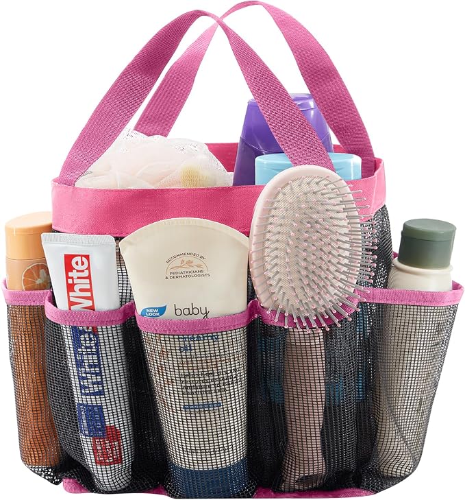 Lifewit Mesh Shower Caddy Portable for College Dorm Room Essentials with 7 Pockets, Freestanding Hanging Organizer Basket, Quick Dry Tote Bag for Camping, Bathroom, Beach, Travel, 1 Pack, Pink