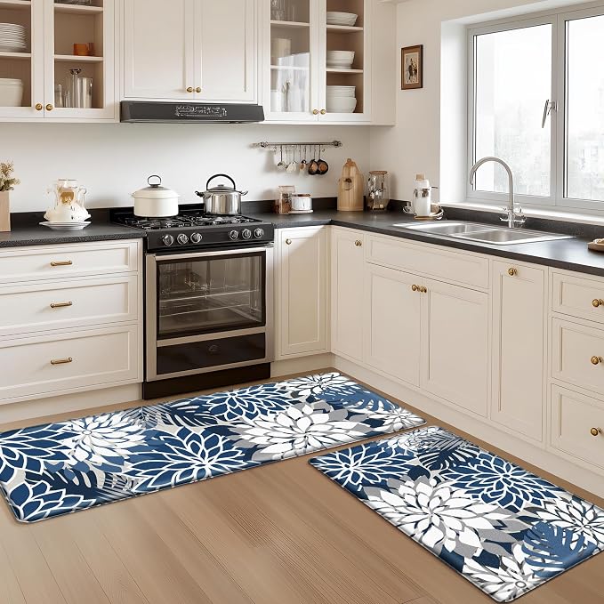 Arenarug Kitchen Mats for Floor 2PCS Cushioned Anti Fatigue Waterproof Non Slip Kitchen Mat Rug Set Comfort Foam Standing Mat for Sink, Laundry, Office,17.3" x 28" + 17.3" x 59", Blue Gray