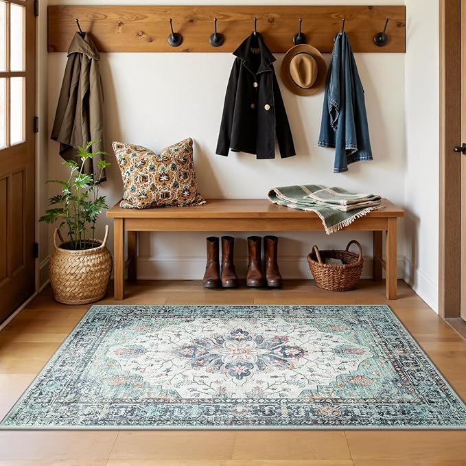 RELEANY Area Rugs 3'x5' Washable Non-Slip, Floral Vintage Distress Medallion Carpet for Living Room Bedroom Dining Room, Green Navy Blue White Red Teal