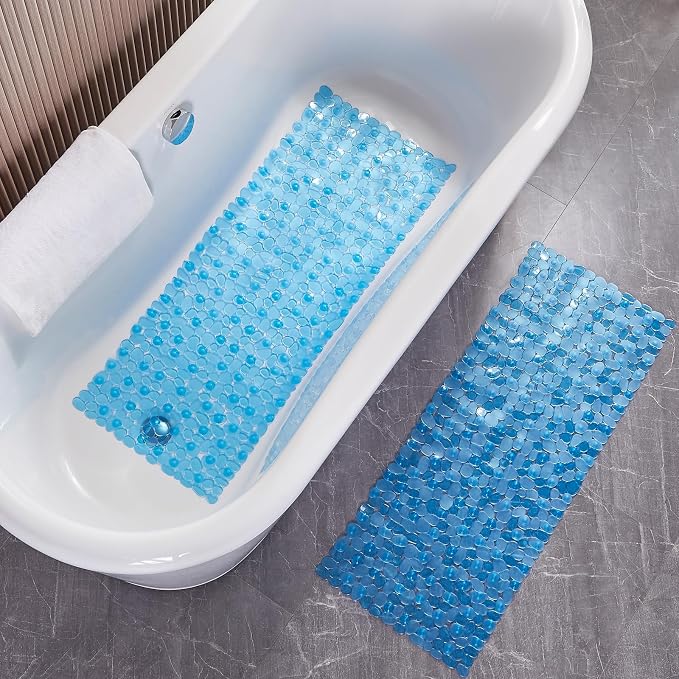 Webos Bath Shower Mat Non Slip: Extra Large Pebble Bathtub mat for Families, Anti Slip Shower Matt with Drain Holes Suction Cups Tub Mat - 16 X 40 Inch Clear Blue