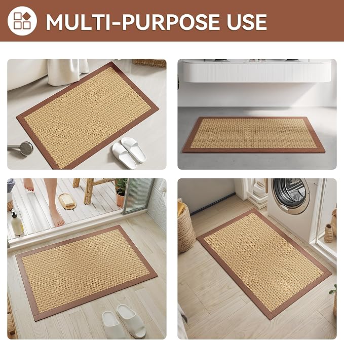 YDKGL Non Slip Bath Mat Bathroom Rugs, Soft Jute-Like Ultra Thin Bath Mats, Rubber Backing Super Absorbent Quick Dry Bath Rug Shower Mat Fit Under Door Bathroom Floor, Machine Washable, Brown 16"x24"