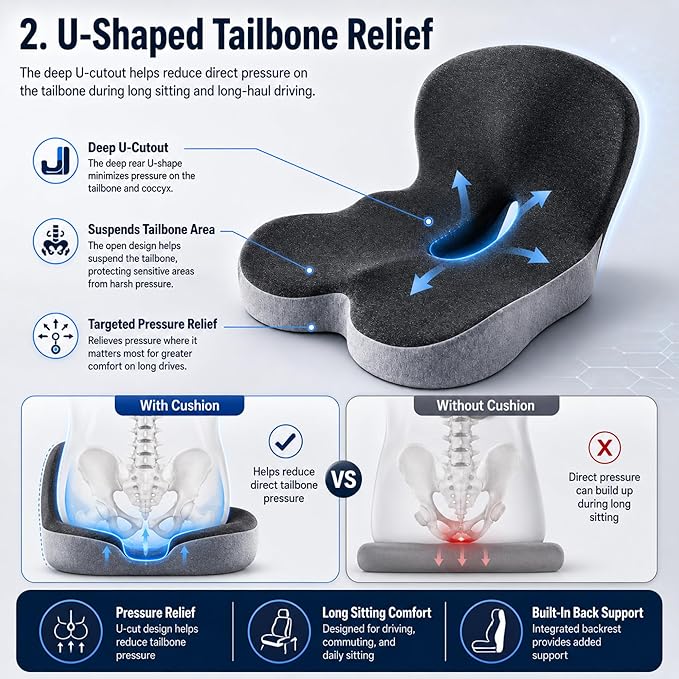 Orthopedic Cushion for Car, Extra Wide Thick Seat Cushion for Long Haul Driving with High Density Support and U-Shaped Tailbone Relief for Truck Drivers and Commuters (Dark Grey)