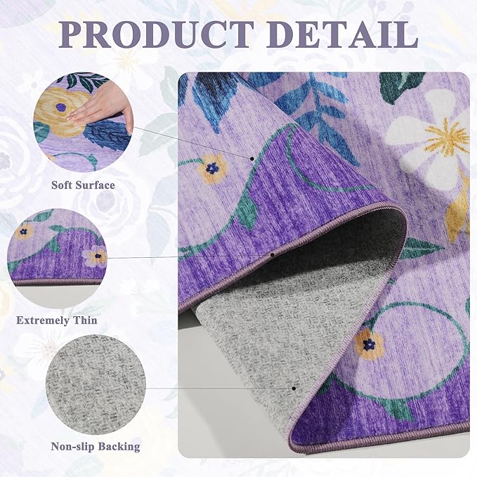 DUKINO 8x10 Area Rug, Floral Rugs for Living Room, Lightweight Non Slip Washable Rug, Indoor Low Pile & Non-Shedding Boho Design Rugs for Bedroom, Living Room, Dining Room, Purple