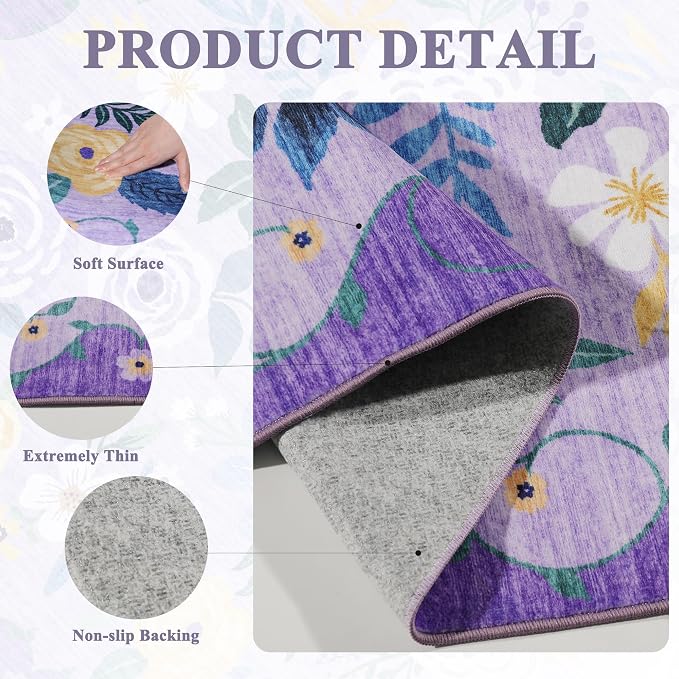 DUKINO 3x5 Area Rug, Floral Rugs for Living Room, Lightweight Non Slip Washable Rug, Indoor Low Pile & Non-Shedding Boho Design Rugs for Bedroom, Living Room, Dining Room, Purple