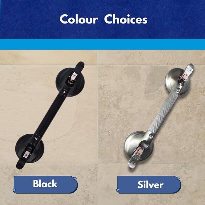 Heavy Duty Grab Bar with Large Suction Cups for Shower and Bathtub, Easy Tools-Free Installation & Removal, Safety with Compression Loss Warning, Useable on Diffrent Surfaces (Black, 19 Inches)