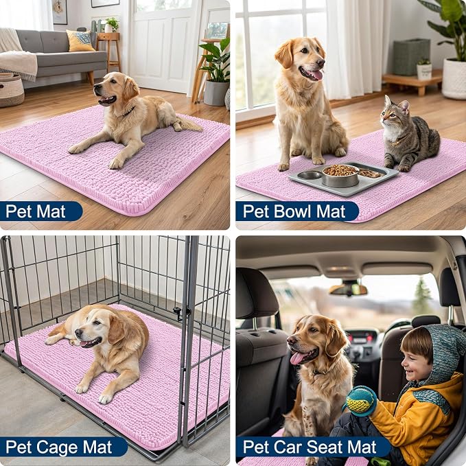 Smiry Dog Door Mat for Muddy Paws 30x20, Absorbent Dirt Trapper, Non-Slip Washable Chenille Entryway Rug for Inside Floor, Pink, Classic Solid
