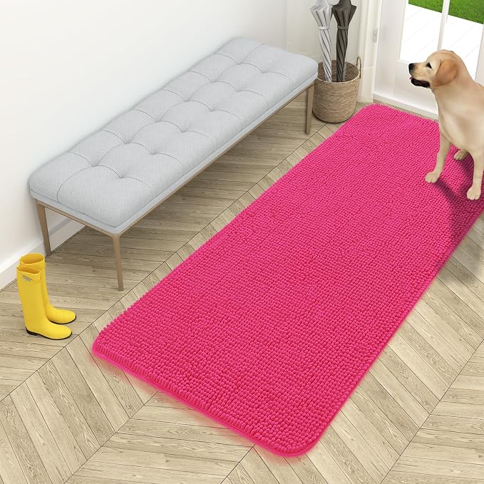 OLANLY Dog Door Mat for Muddy Paws 54x24, Absorbs Moisture and Dirt, Absorbent Non-Slip Washable Doormat, Quick Dry Chenille Mud Mat for Dogs, Entry Indoor Entryway Carpet for Inside Floor, Hot Pink