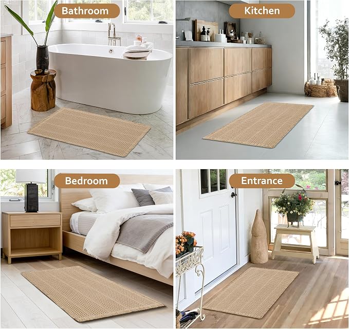 JIUZHEN Waffle Bath Mat Super Absorbent Non Slip Bath Mats for Bathroom Floor Waffle Knit Bathroom Mat with Tassels Machine Washable Bathroom Rugs for Beside Tub, 16" x 24", Strip-Brown