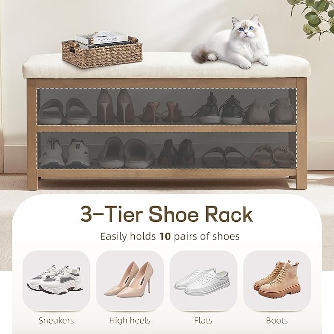 Zihanhome 2 Tier Shoe Rack Bench with Cushion, Solid Wood Shoe Benches, Mid-Century Modern Shoe Storage Bench for Entryway, Hallway, Living Room, Closet, Front Door Entrance, (Beige, 46.5")