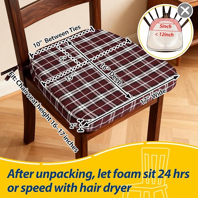 AAAAAcessories D-Shaped Chair Cushions, 2" Thick Dining Chair Pads with Ties and Removable, Machine-Washable Cover, 17" x 16", Set of 4, Red Checkered
