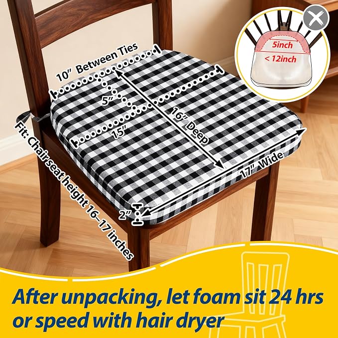 AAAAAcessories D-Shaped Chair Cushions, 2" Thick Dining Chair Pads with Ties and Removable, Machine-Washable Cover, 17" x 16", Set of 4, Checkered Black/White
