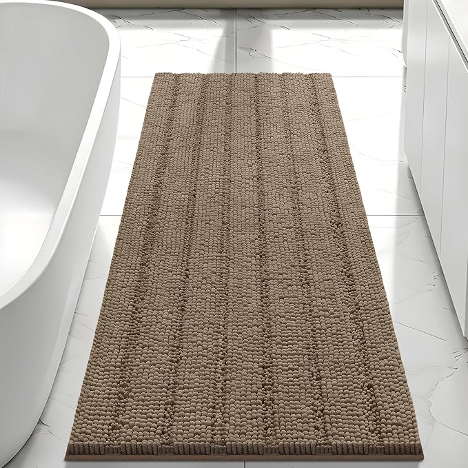 Bcoimo Long Bathroom Rug, Chenille Bath Runner with High Low Pile Design, Soft Absorbent Non Slip Bath Mat, Machine Washable Quick Dry Rug for Shower, Tub, Sink and Vanity