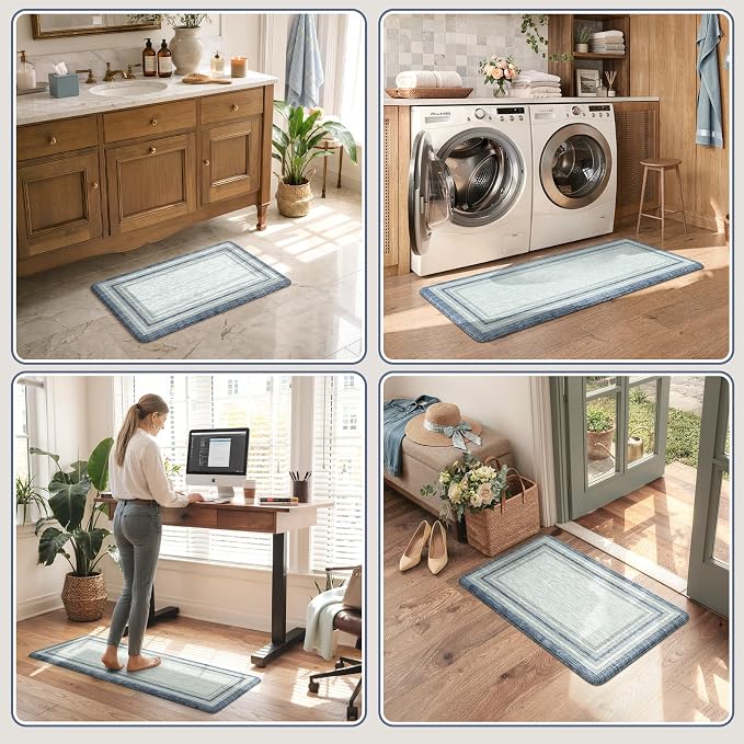 KIMODE Anti Fatigue Kitchen Mat 2PCS Non-Skid Waterproof Kitchen Rugs Farmhouse Kitchen Mat for Floor Laundry Room Rug,Cushioned Comfort Foam Standing Mat for Office Sink Desk Blue and Gray Home Decor