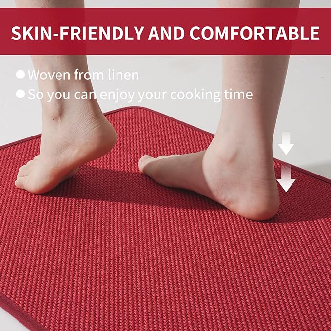 YDKGL Kitchen Mats for Floor, Super Absorbent Kitchen Rugs Non Slip Washable, Soft Imitation Linen Braided Kitchen Runner Rug, Standing Mat Kitchens Sink Mat, Easy to Clean, Red 17x47