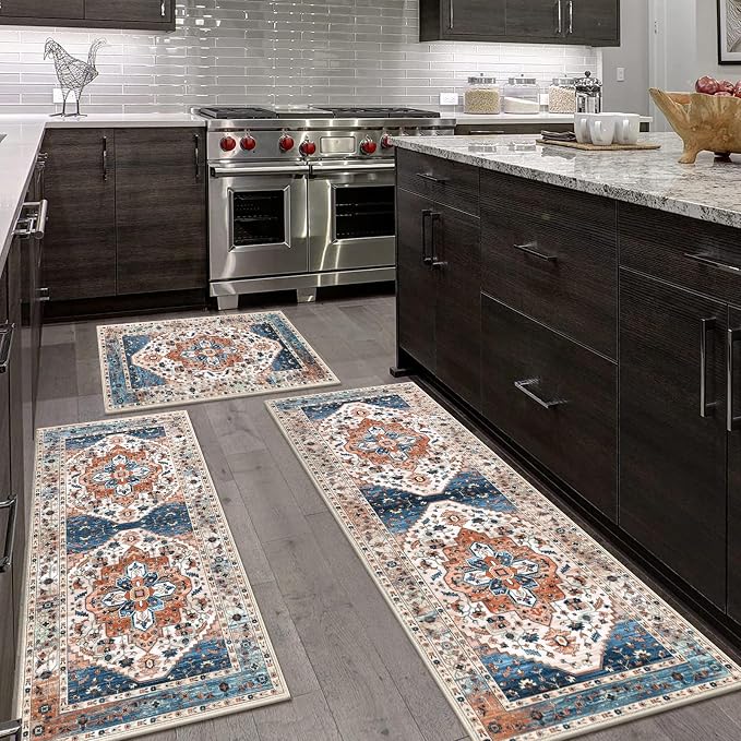 HEBE Boho Kitchen Rug Sets 3 Piece with Runner Non Slip Kitchen Rugs and Mats Washable Kitchen Mats for Floor Thick Kitchen Floor Mat Carpet Runner Rugs for Hallway Laundry Holiday Decor